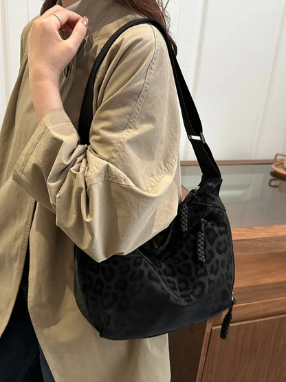 Women'S Leopard Print Casual Crossbody Bag, Soft Fabric & Adjustable Strap Design, Large Capacity Commuter Accessory for Daily Use