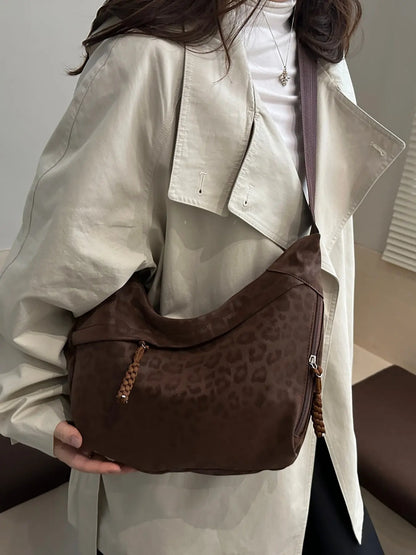 Women'S Leopard Print Casual Crossbody Bag, Soft Fabric & Adjustable Strap Design, Large Capacity Commuter Accessory for Daily Use