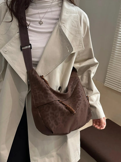 Women'S Leopard Print Casual Crossbody Bag, Soft Fabric & Adjustable Strap Design, Large Capacity Commuter Accessory for Daily Use